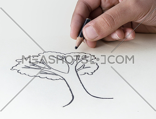 A child drawing a tree with a very short pencil stub in an attempt to express the concept of the conservation of the Earth's Resources